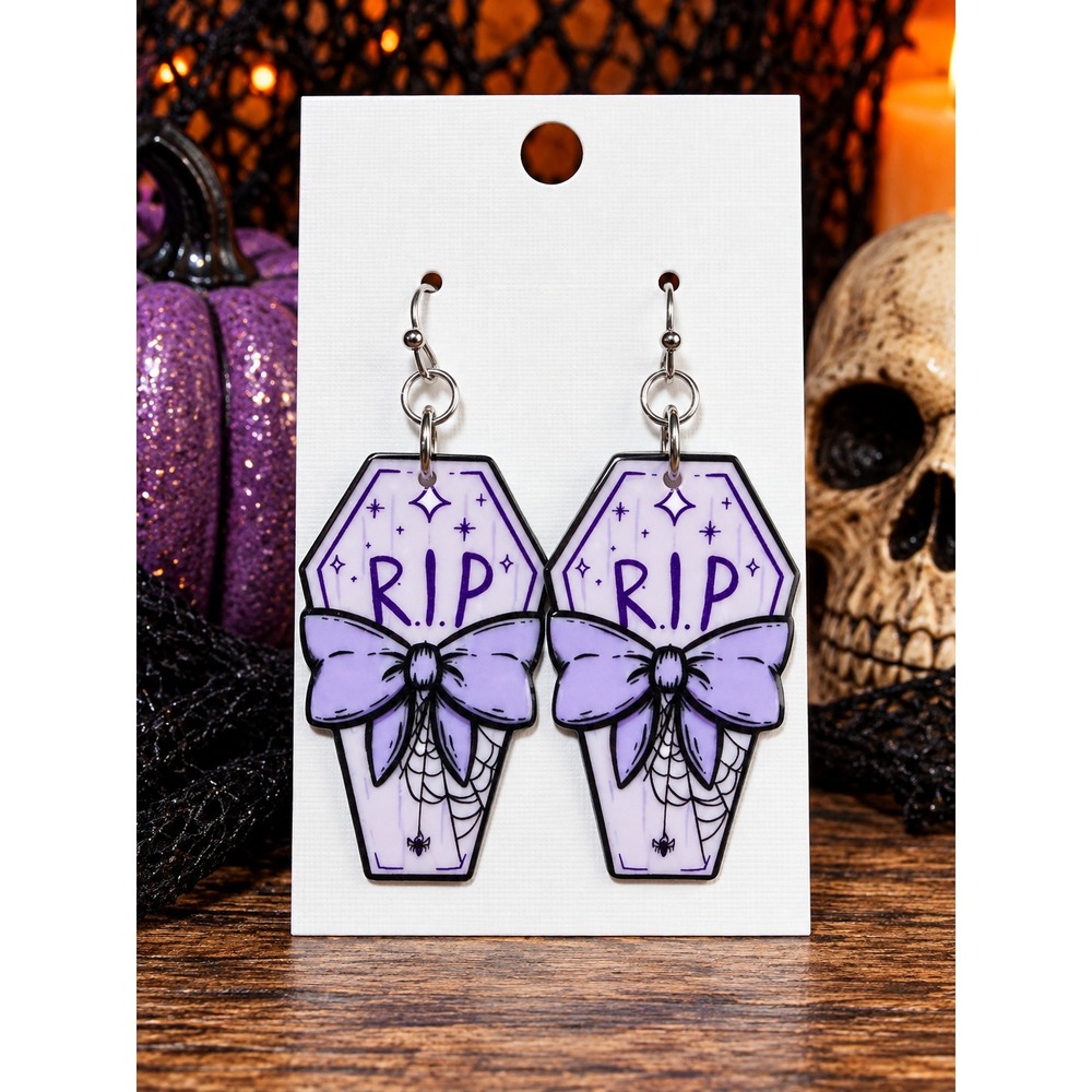 RIP Coffin Earrings Purple Bow Halloween Gothic Spooky Dangle Earrings Goth
